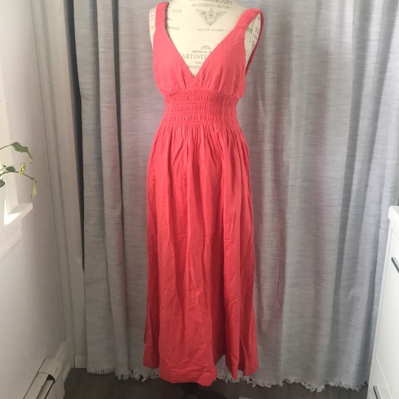 Abercrombie & Fitch Coral Linen Scrunchie Strap Maxi Dress / New - Picture 2 of 7